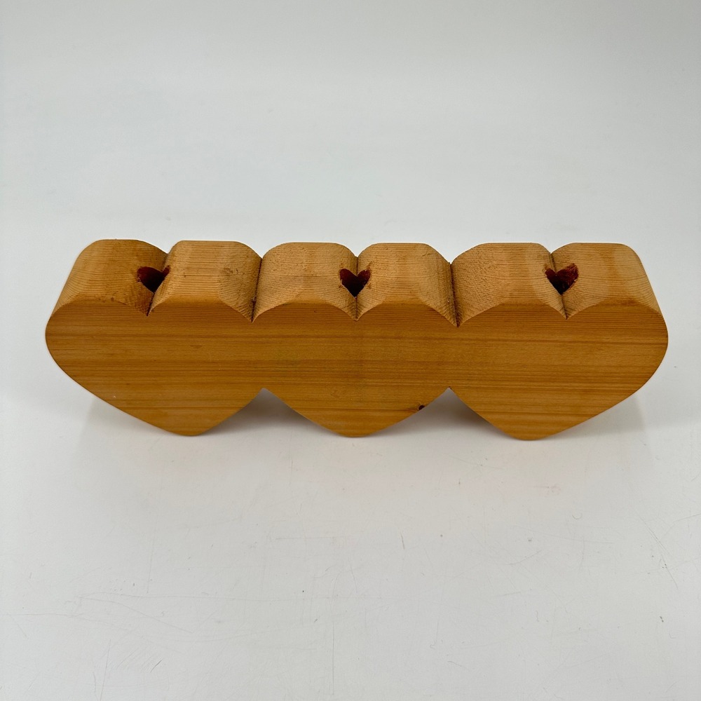 Handcrafted Triple Heart Wooden Taper Candle Holder Rustic Primitive Decor - Picture 4 of 9